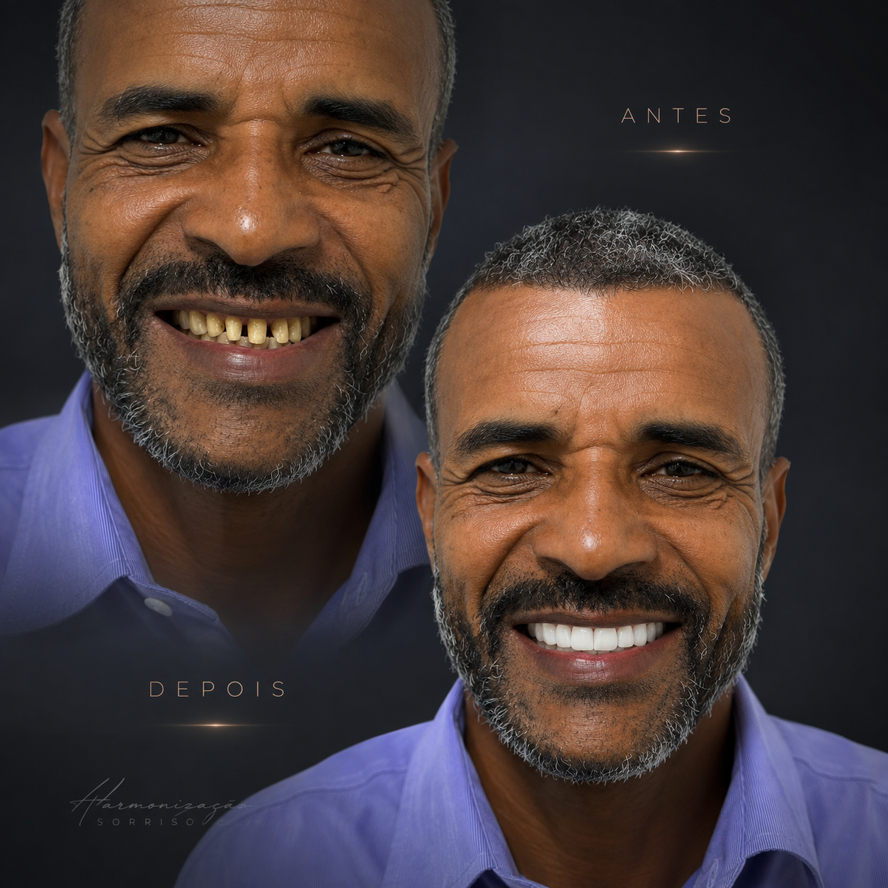 Antes e depois de reabilitação do sorriso no Hospital Vitallys